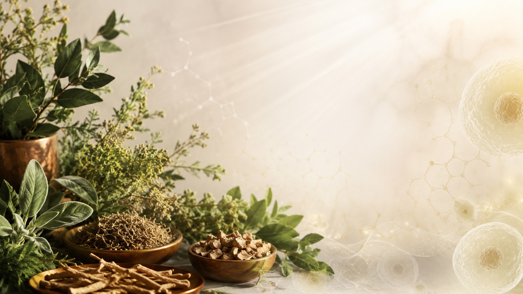 Fresh and dried medicinal herbs with subtle molecular motifs