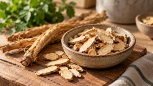 Dried astragalus root slices with herbs, prepared for simmering in broth