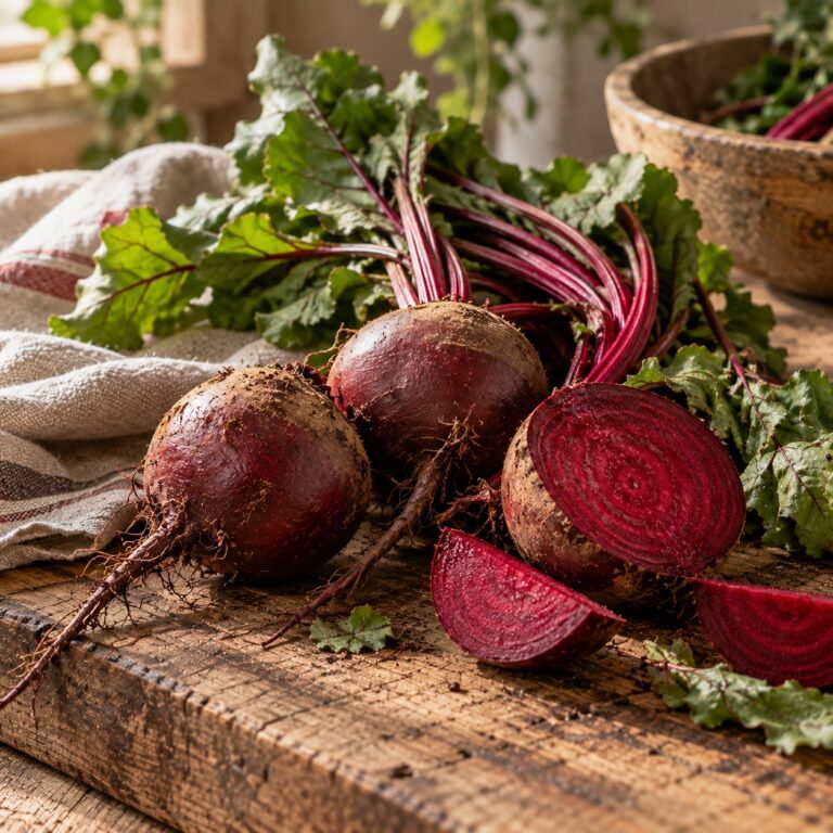 Fresh beetroots with leafy tops, one sliced to show the deep magenta rings