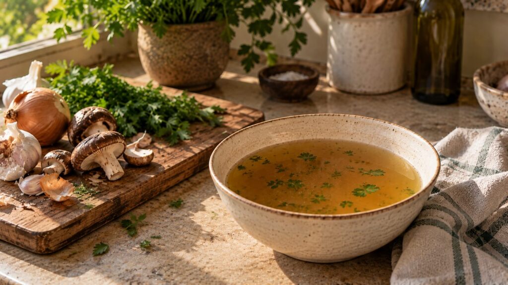 A bowl of golden bone broth on a wooden board with mushrooms, garlic, onion and fresh herbs