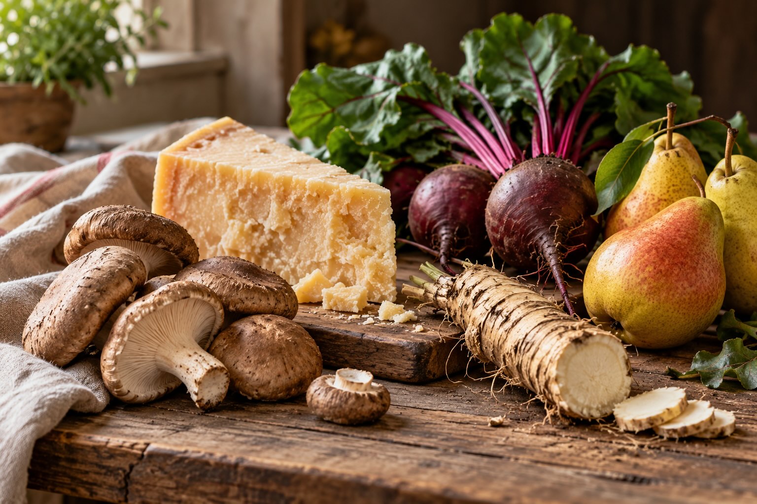 Shiitake mushrooms, Parmigiano-Reggiano, horseradish root, beetroot and pears arranged on a rustic wooden table