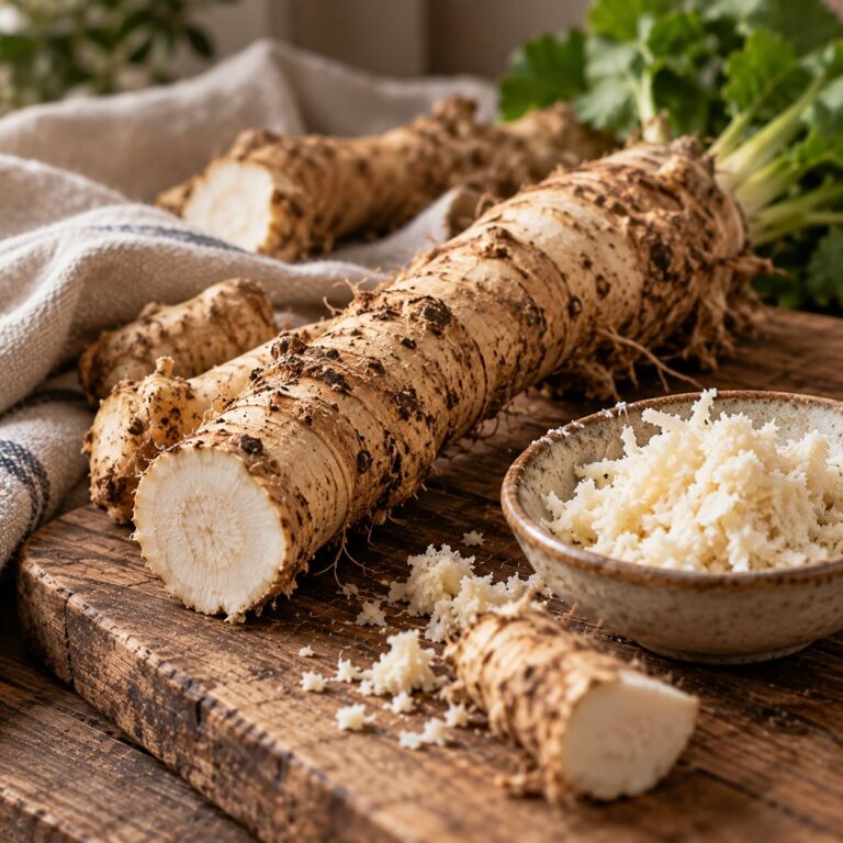 Fresh horseradish root, whole and grated
