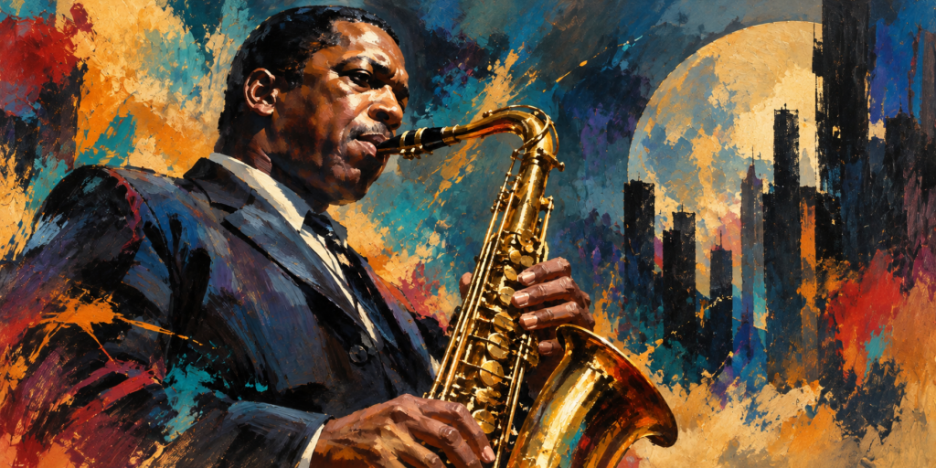 Expressive painterly portrait of a jazz saxophonist evoking John Coltrane, against a warm city skyline at dusk
