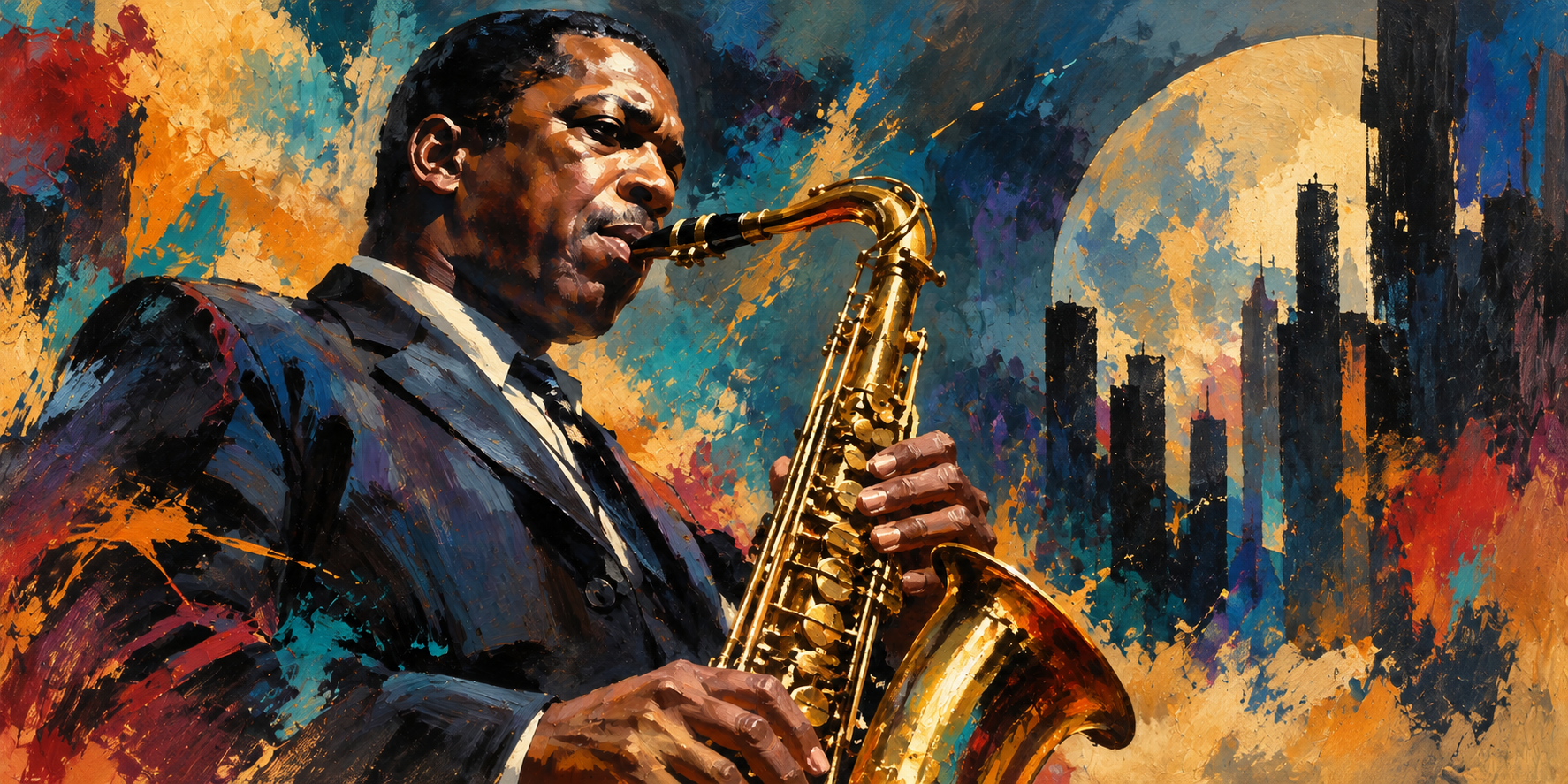 Expressive painterly portrait of a jazz saxophonist evoking John Coltrane, against a warm city skyline at dusk