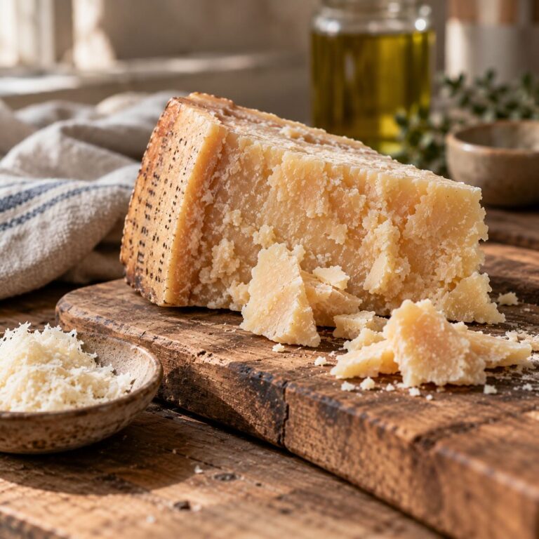 A wedge of aged Parmigiano-Reggiano with a traditional cheese knife