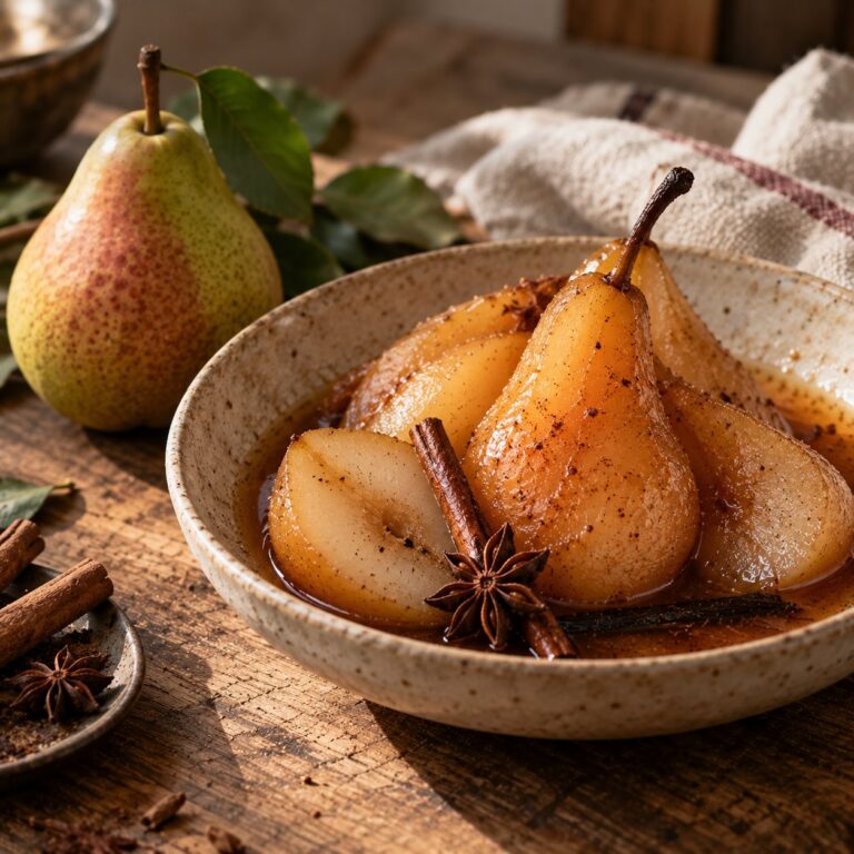 Spiced poached pears in a ceramic bowl with cinnamon sticks and star anise