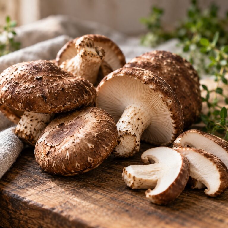 Fresh shiitake mushrooms with spring onions and garlic