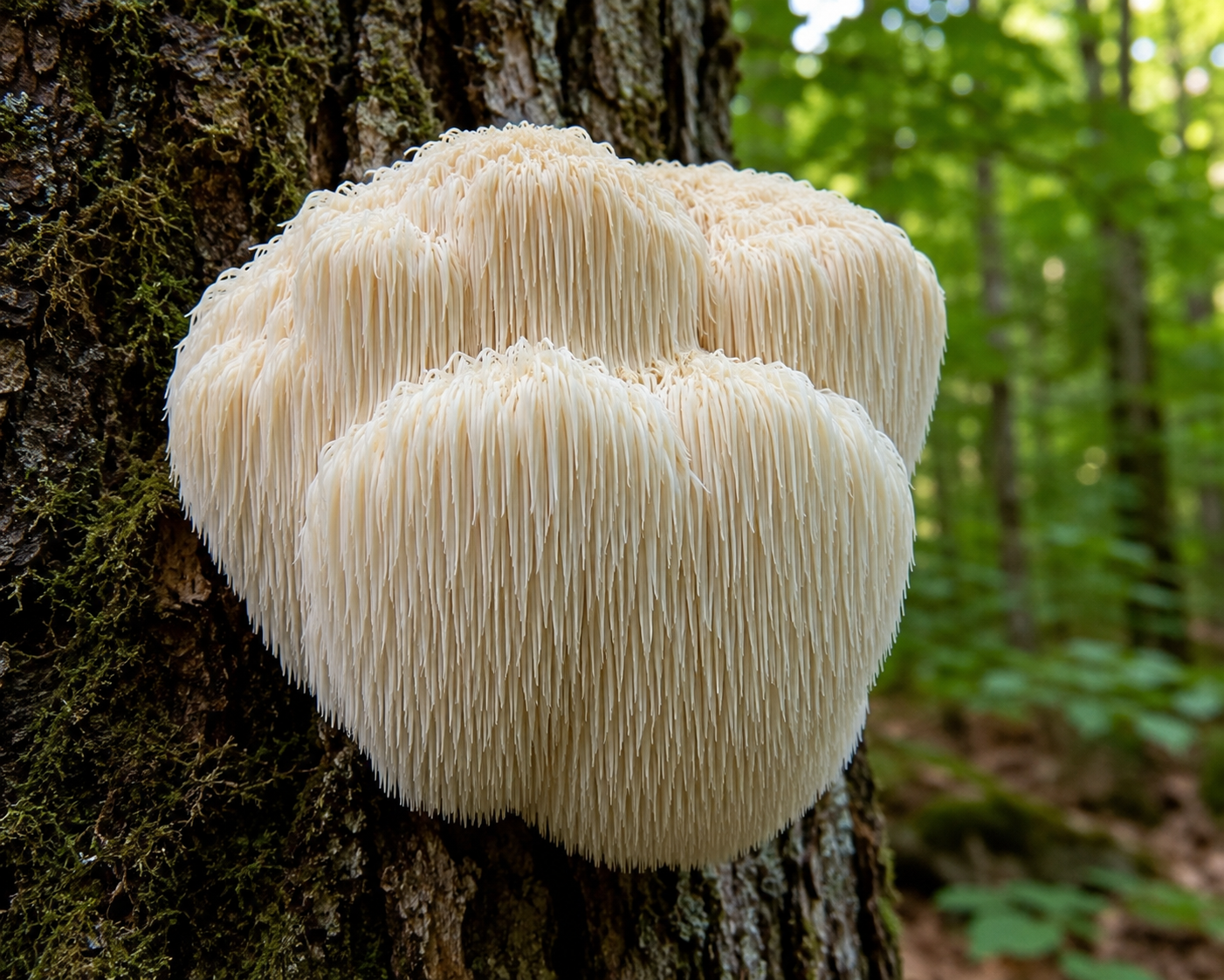 Lion's Mane mushroom (Hericium erinaceus) growing on a tree trunk in a forest