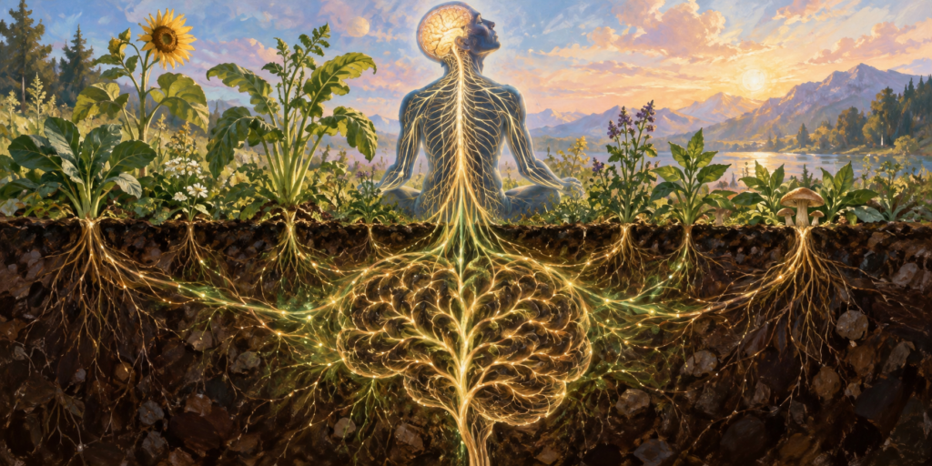 Illustration of a meditating figure whose glowing nervous system connects through the soil to the roots of plants and mushrooms, forming a brain shape underground